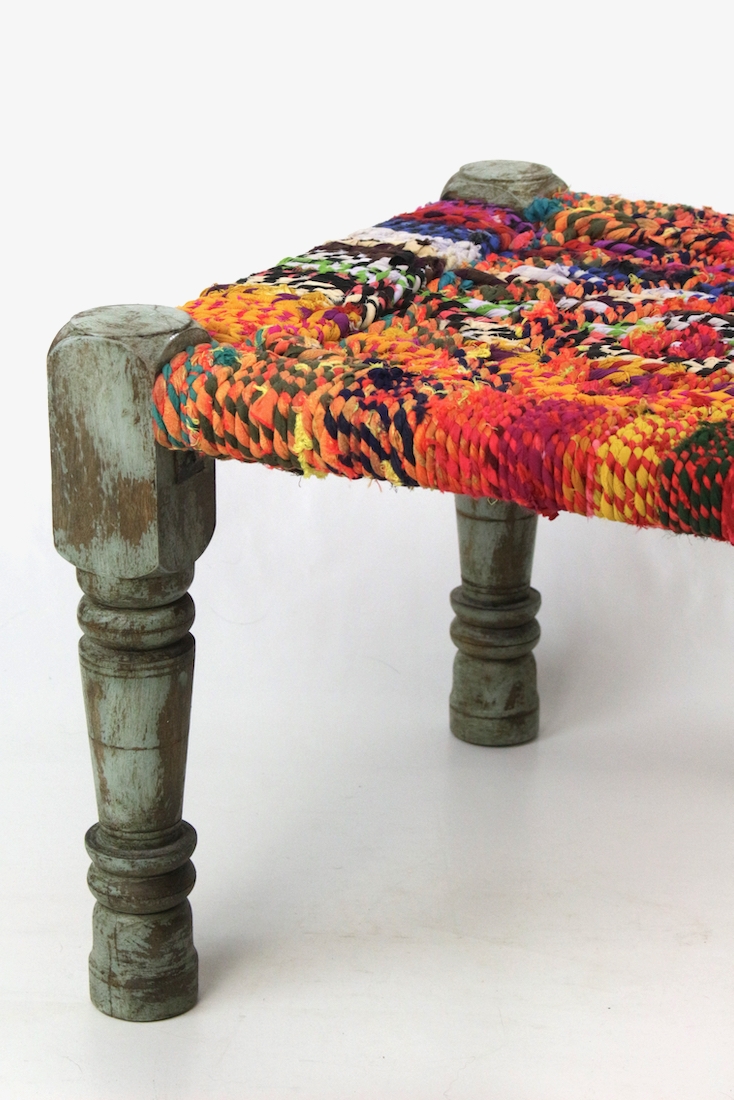 colorful indian stool, stool with wickerwork, colorful stool with wooden legs Bunter Hocker mit Stoff Geflecht