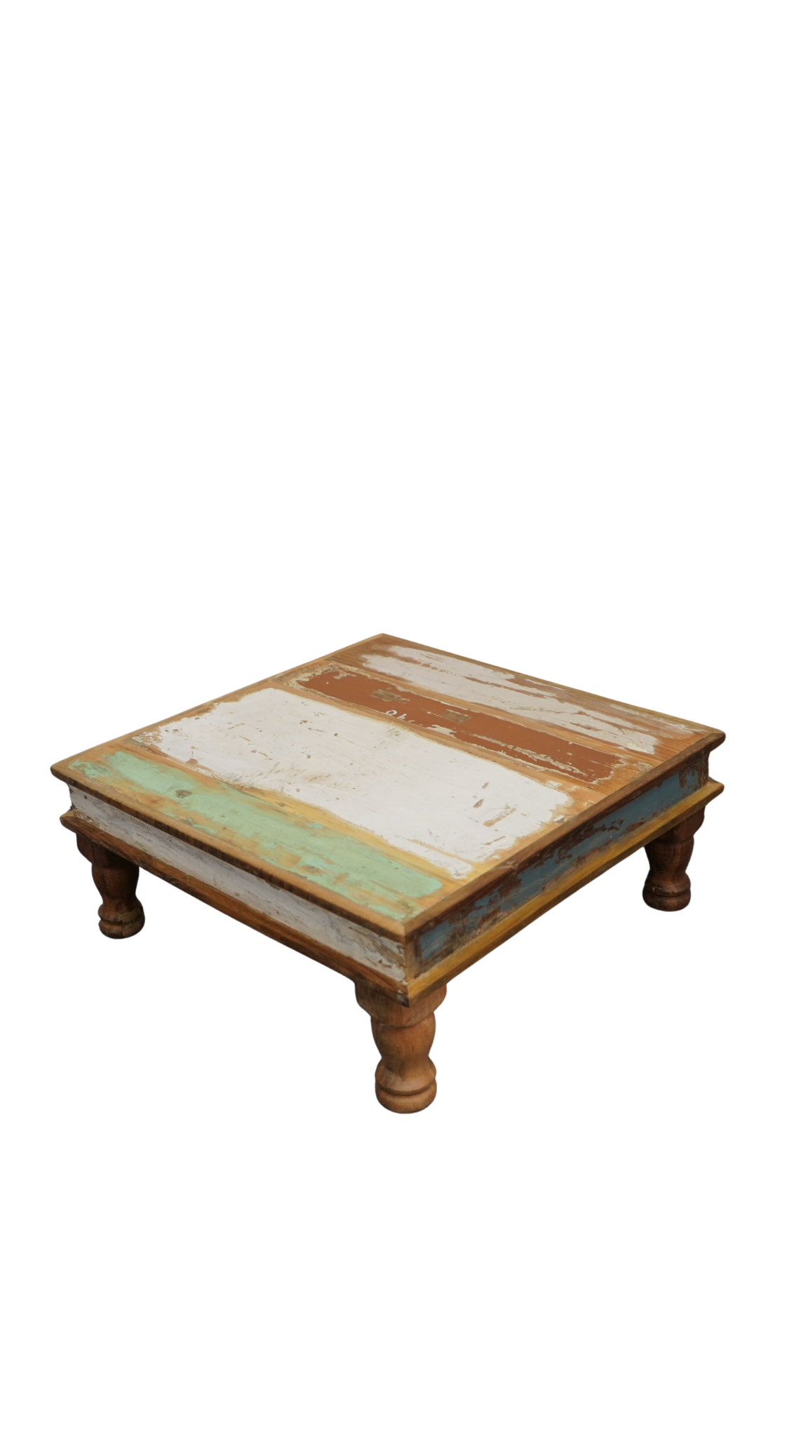 Couchtisch aus recyceltem Massivholz im Shabby-Chic-Look – Vintage & bunt