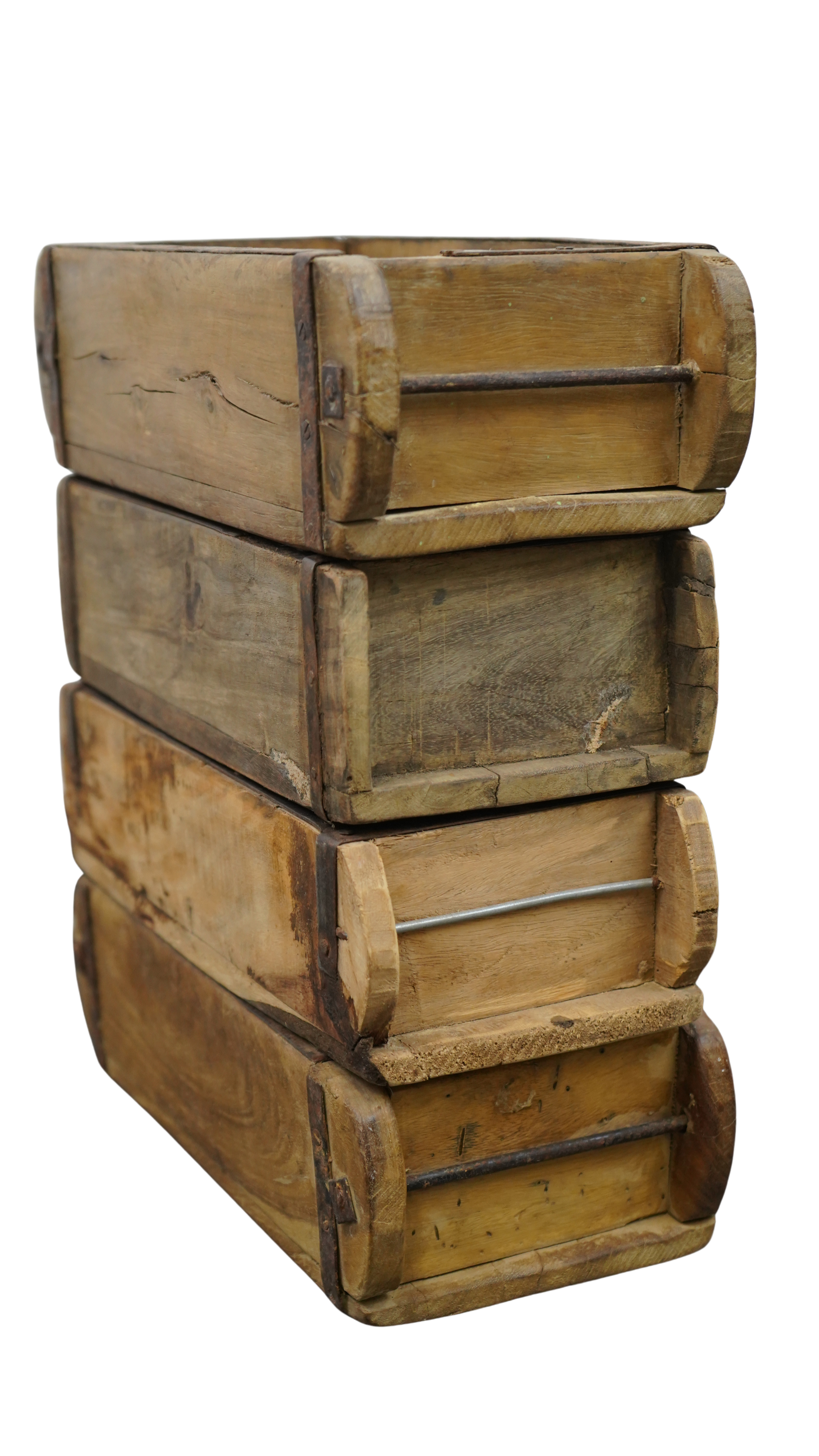 4er Set historische Holz-Ziegelformen – Rustikale Vintage-Holzkisten mit Eisenbeschlägen