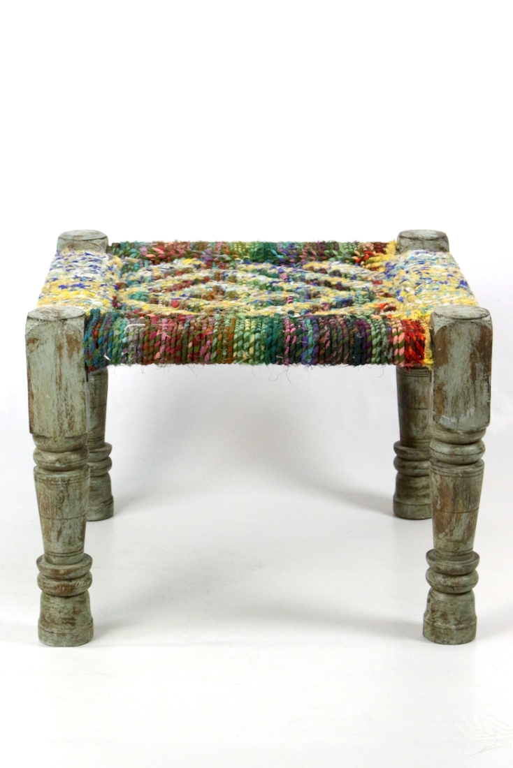 colorful indian stool, stool with wickerwork, colorful stool with wooden legs Hocker mit buntem Geflecht Indien, 40x50x50