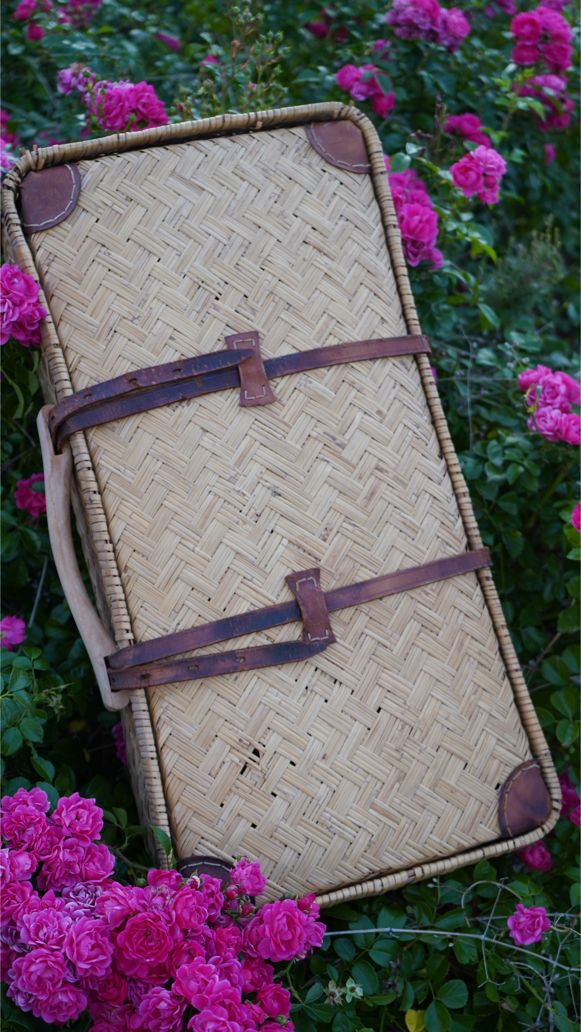 Vintage Korbkoffer aus Naturgeflecht – mit Lederriemen