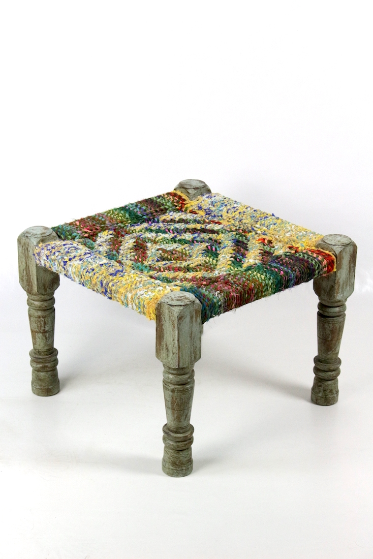 colorful indian stool, stool with wickerwork, colorful stool with wooden legs Hocker mit buntem Geflecht Indien, 40x50x50