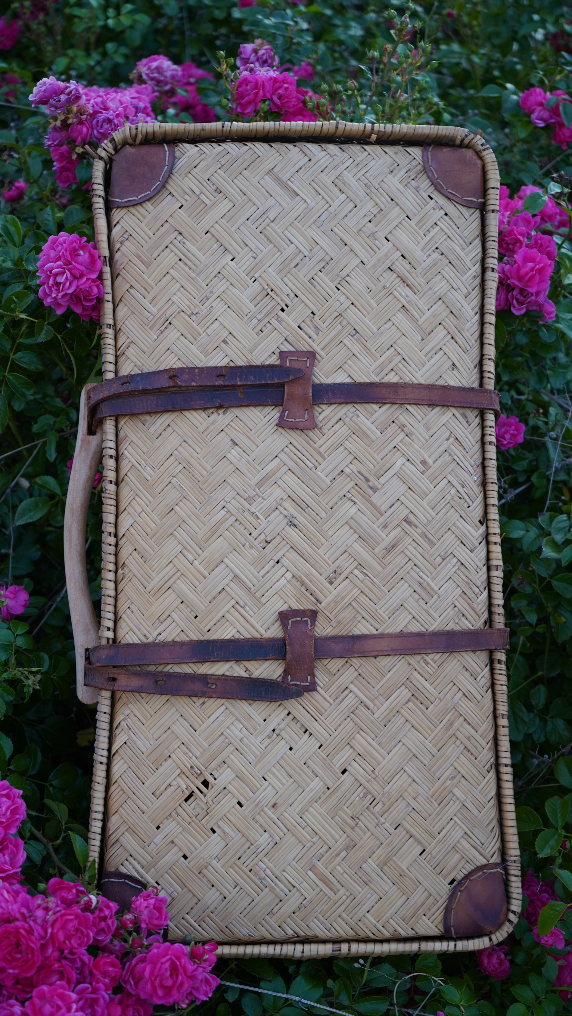 Vintage Korbkoffer aus Naturgeflecht – mit Lederriemen