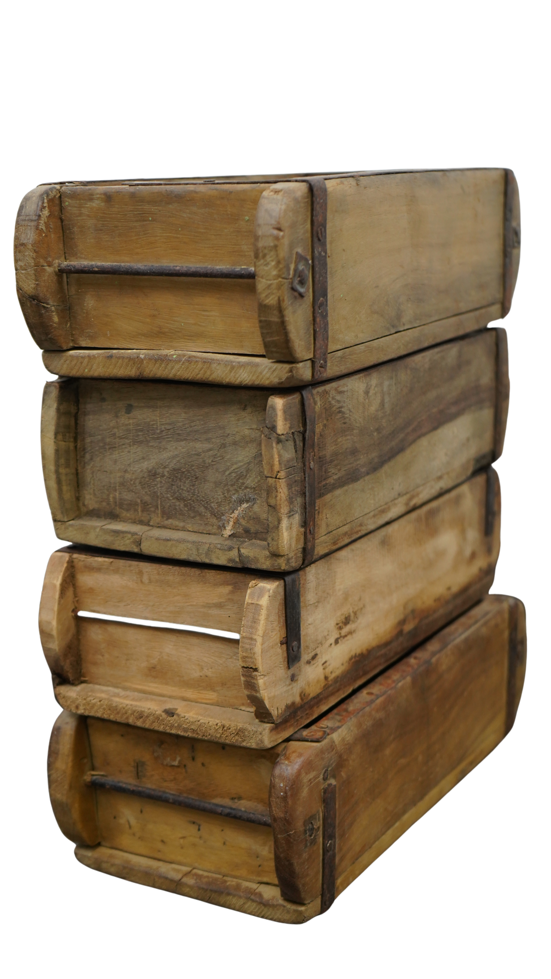 4er Set historische Holz-Ziegelformen – Rustikale Vintage-Holzkisten mit Eisenbeschlägen