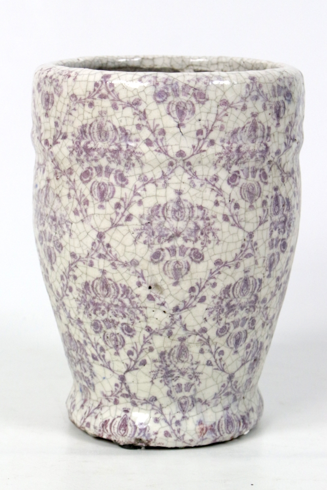 Blumentopf weiß Krakelee mit rosa, Übertopf keramik rosa und weiß Blumentopf weiß mit rosa-lila Muster, 20xø15