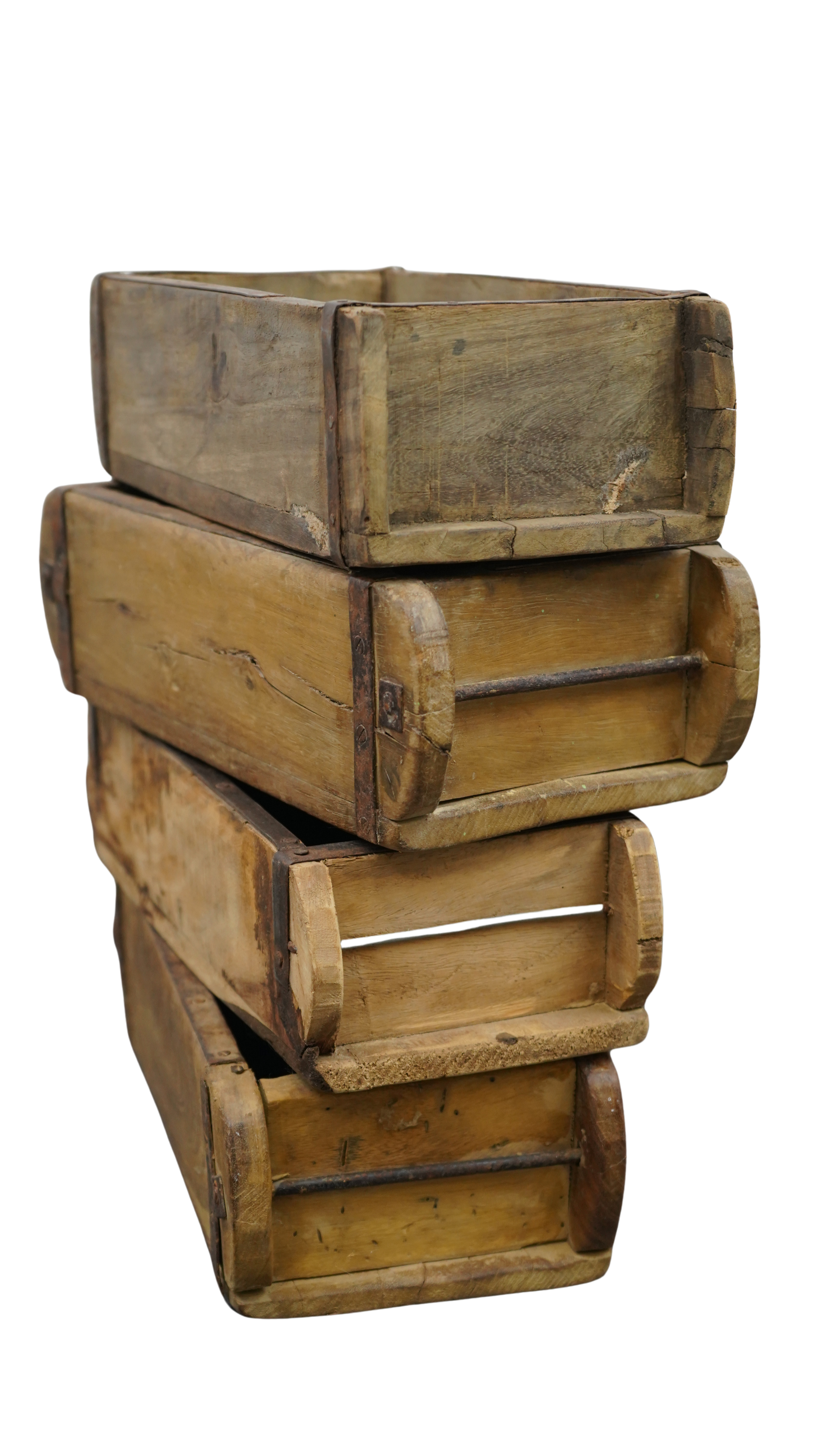 4er Set historische Holz-Ziegelformen – Rustikale Vintage-Holzkisten mit Eisenbeschlägen