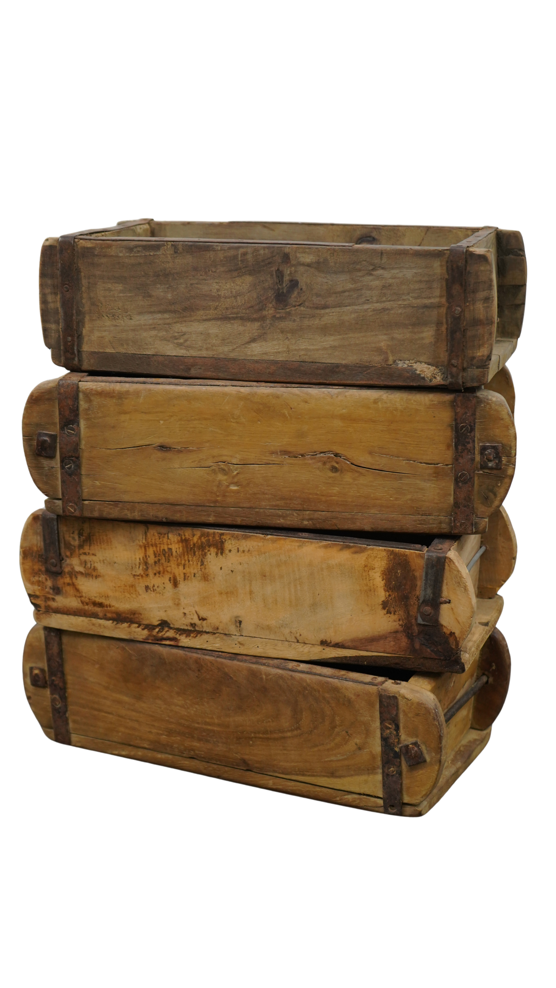 4er Set historische Holz-Ziegelformen – Rustikale Vintage-Holzkisten mit Eisenbeschlägen