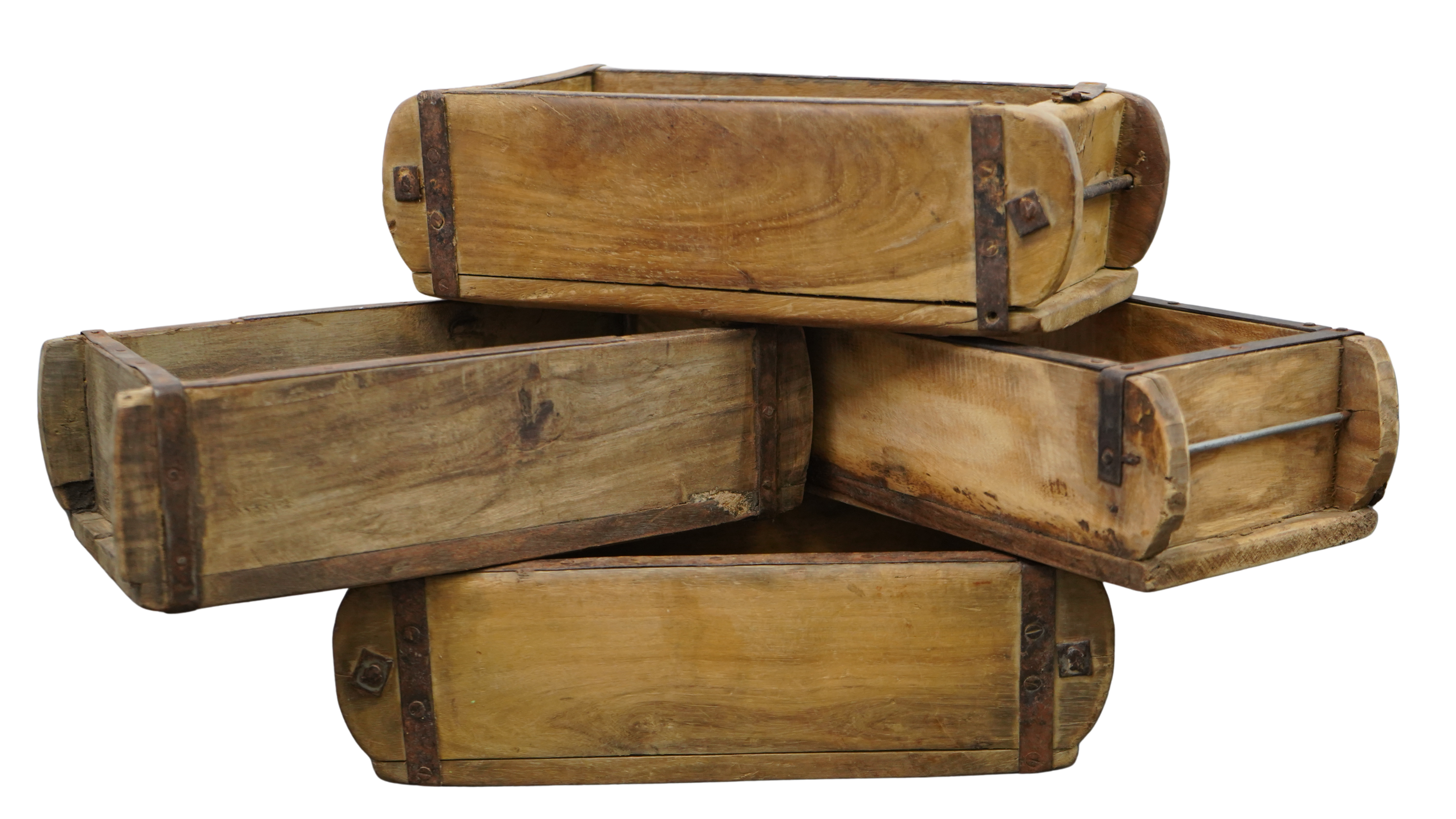 4er Set historische Holz-Ziegelformen – Rustikale Vintage-Holzkisten mit Eisenbeschlägen