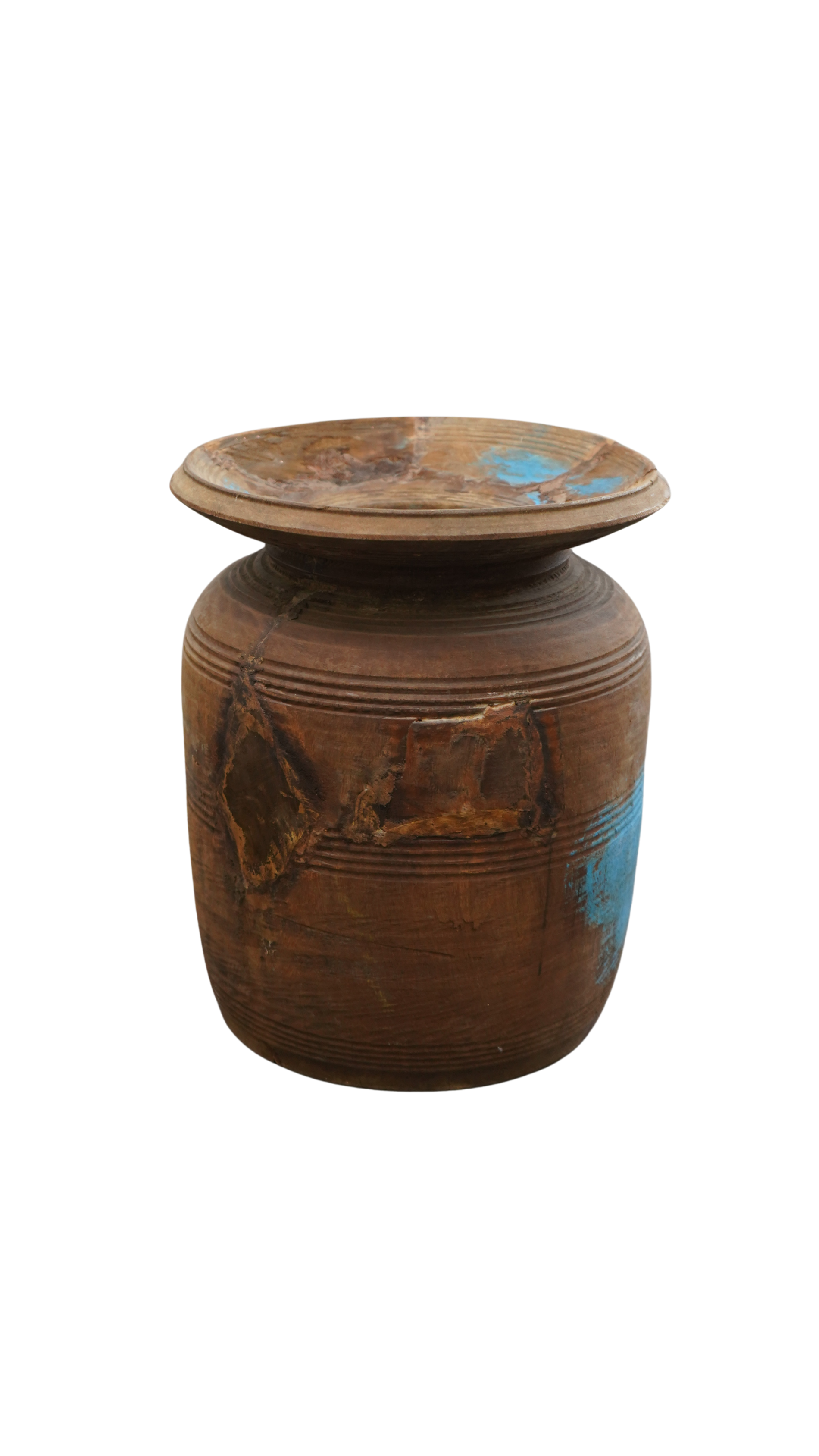 große Holzvase - mit blauen Farb-Elementen