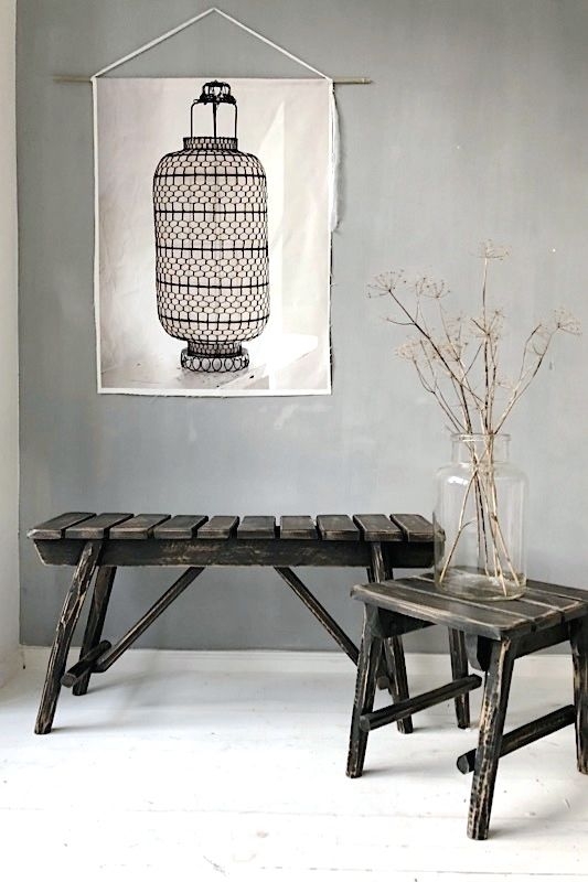 small black wooden bench morocco Holzbank schwarz Marokko, 88 cm