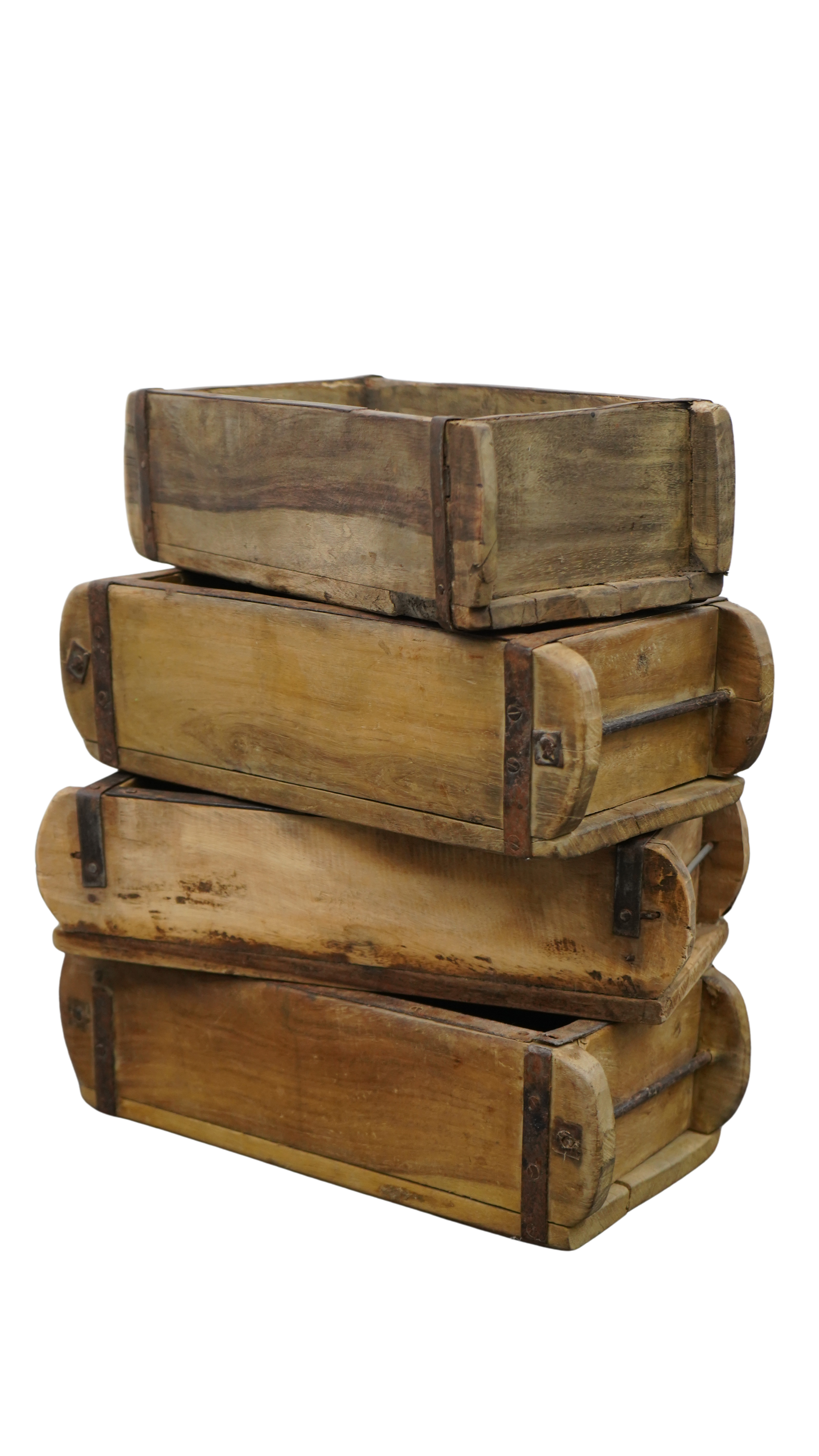 4er Set historische Holz-Ziegelformen – Rustikale Vintage-Holzkisten mit Eisenbeschlägen