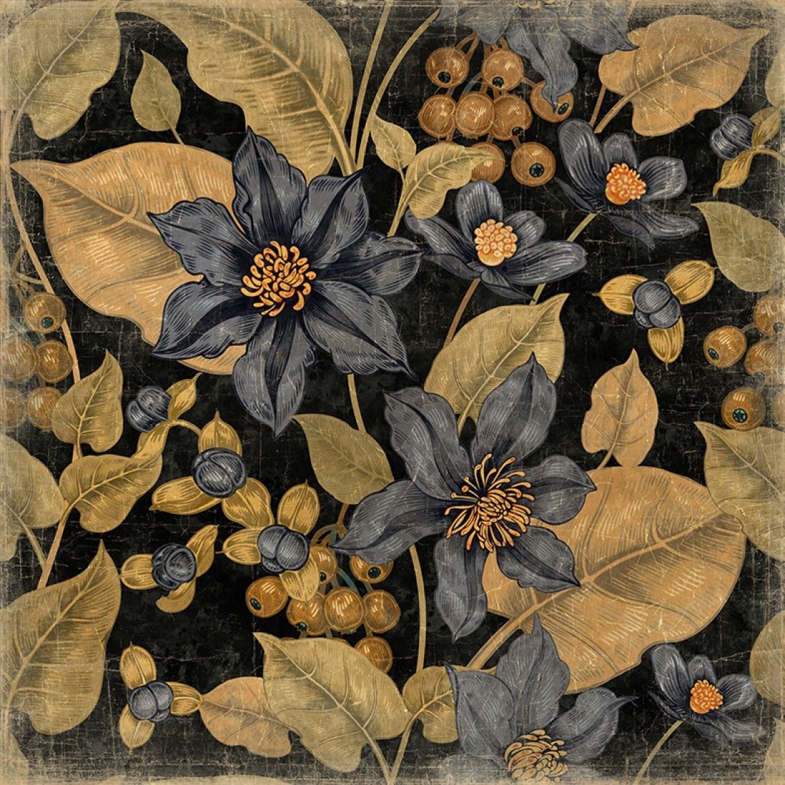 Wandbild 'Dunkle Blumen' auf Knitterpapier, 120x120