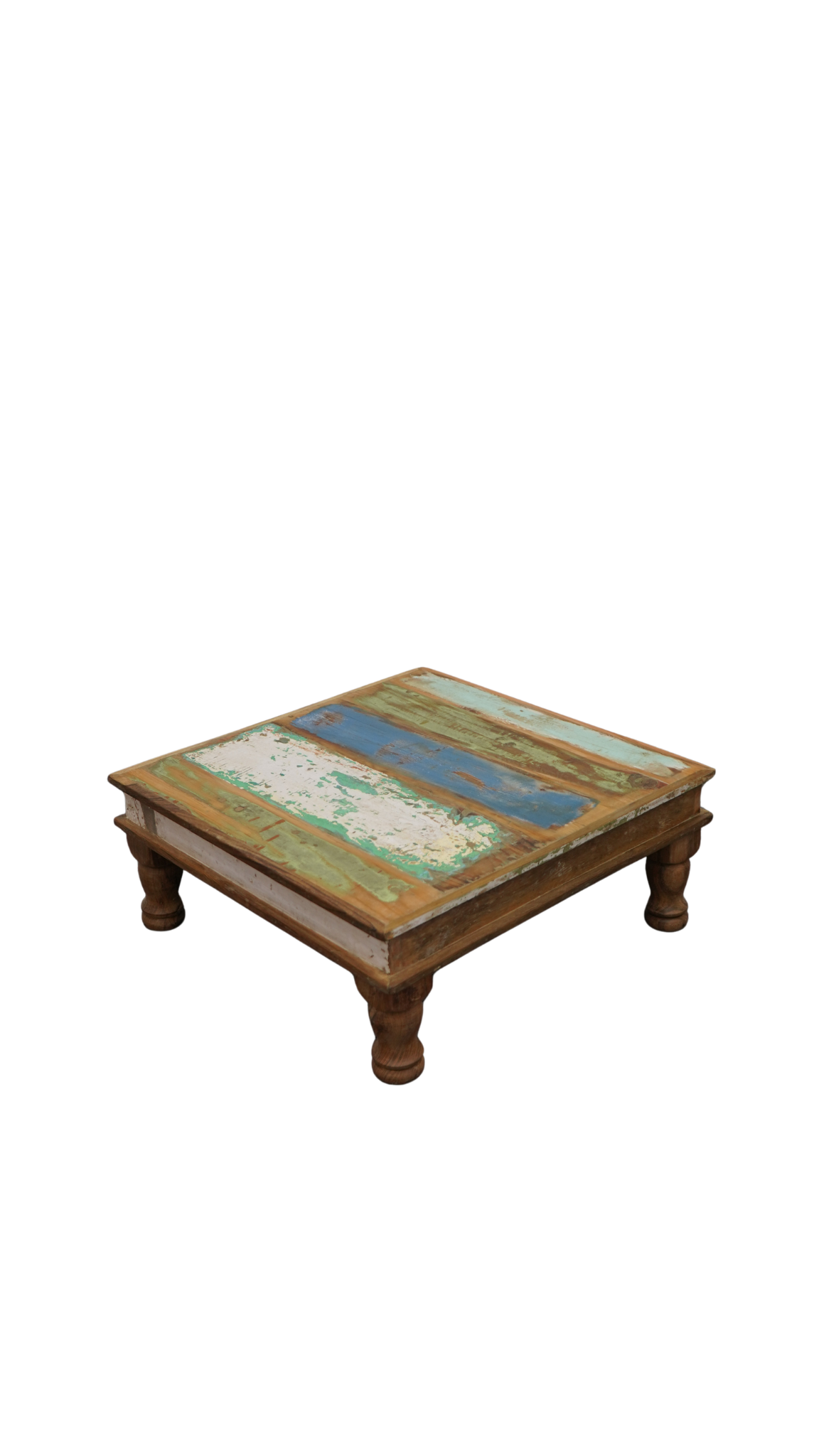 Couchtisch aus recyceltem Massivholz im Shabby-Chic-Look – Vintage & bunt