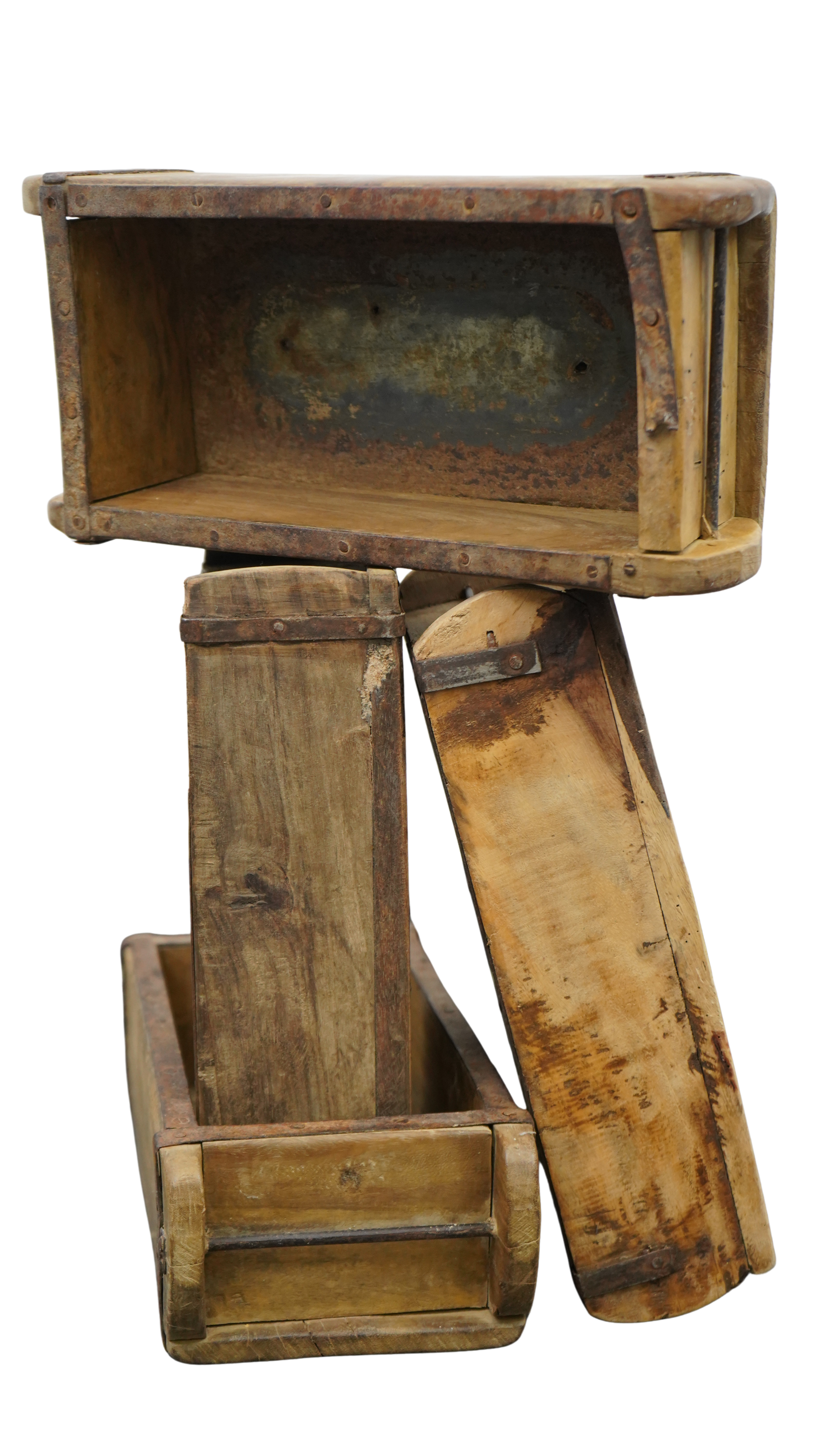4er Set historische Holz-Ziegelformen – Rustikale Vintage-Holzkisten mit Eisenbeschlägen