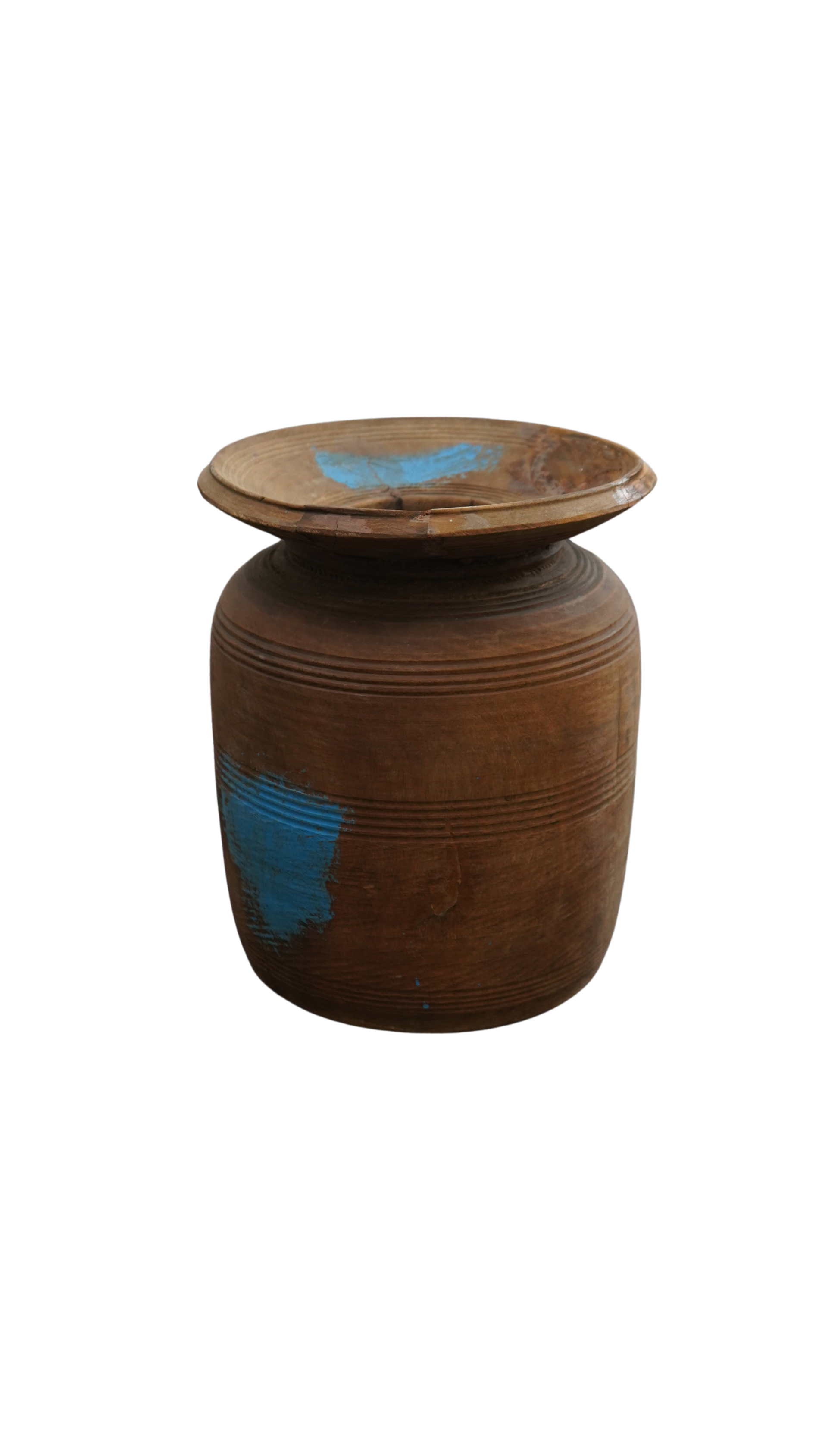 große Holzvase - mit blauen Farb-Elementen