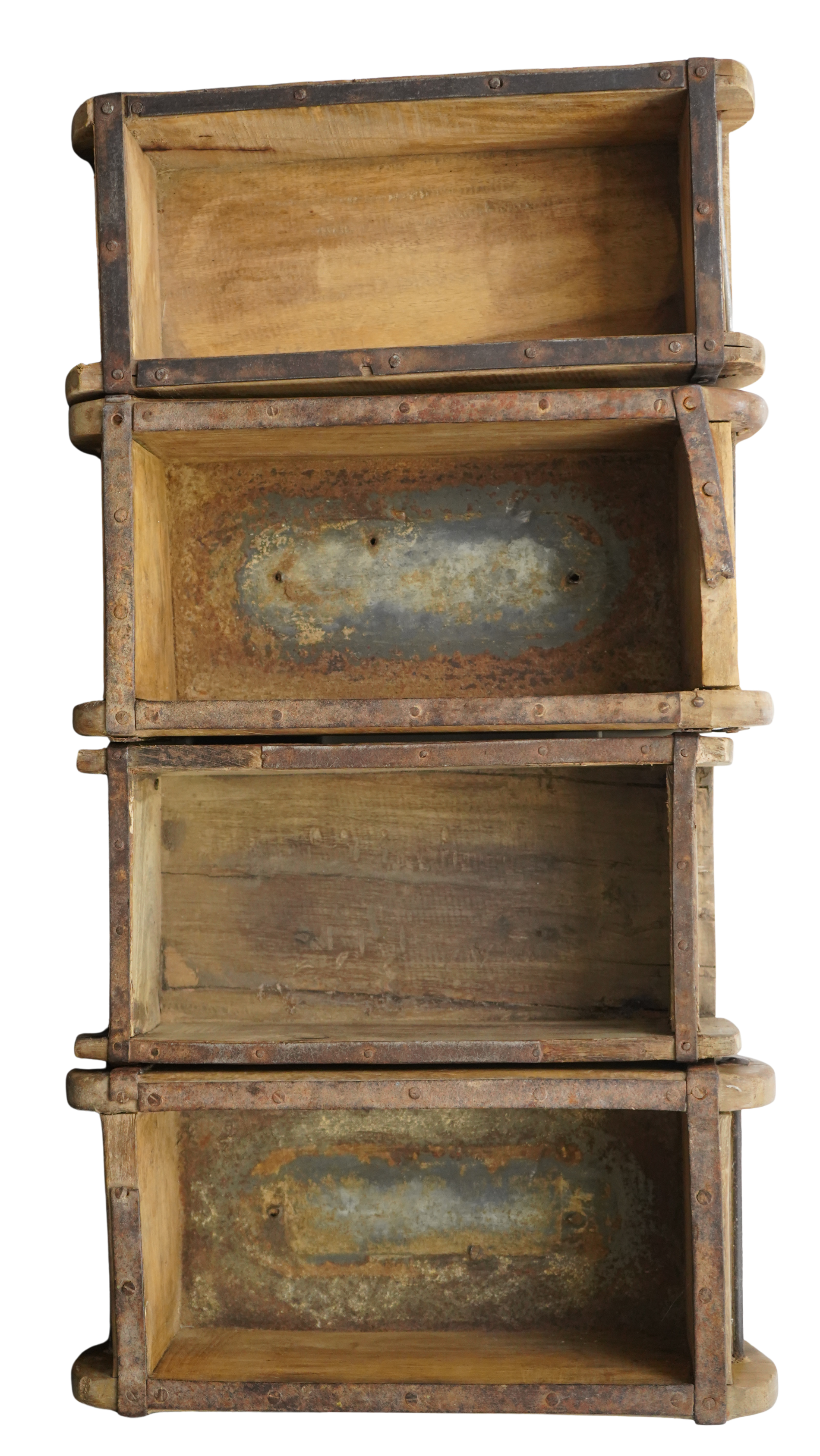 4er Set historische Holz-Ziegelformen – Rustikale Vintage-Holzkisten mit Eisenbeschlägen
