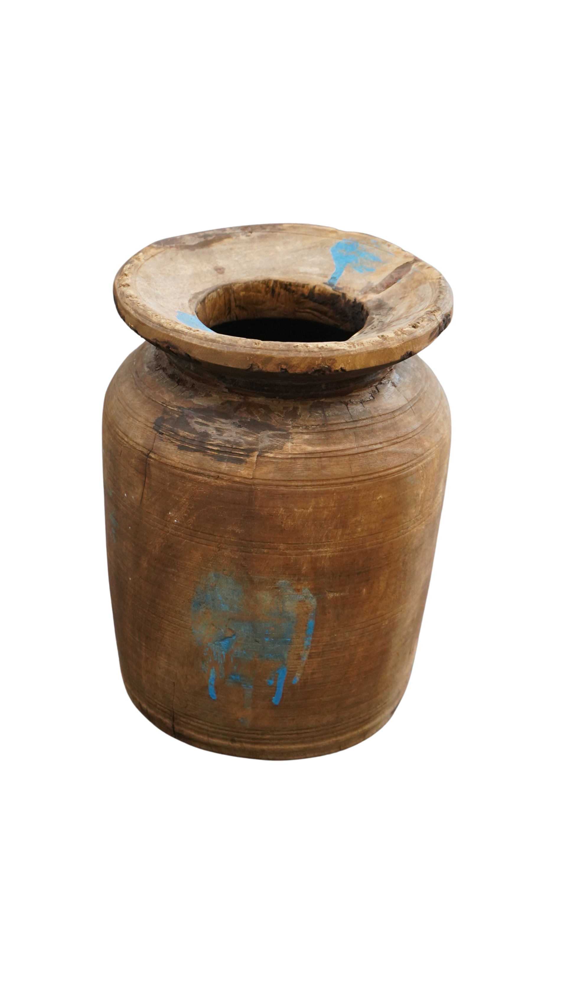 derbe Holzvase - mit blauen Farb-Details