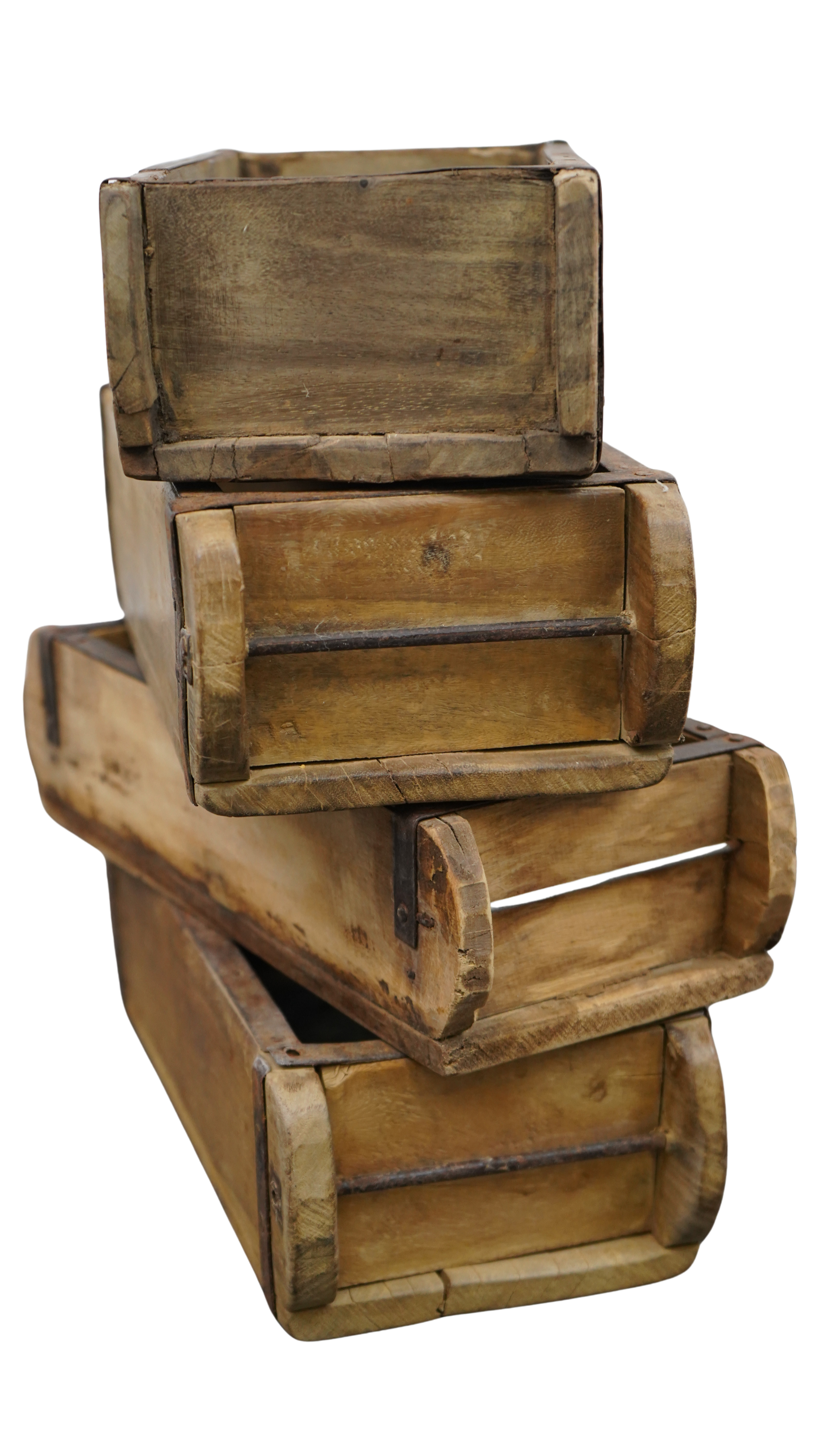 4er Set historische Holz-Ziegelformen – Rustikale Vintage-Holzkisten mit Eisenbeschlägen
